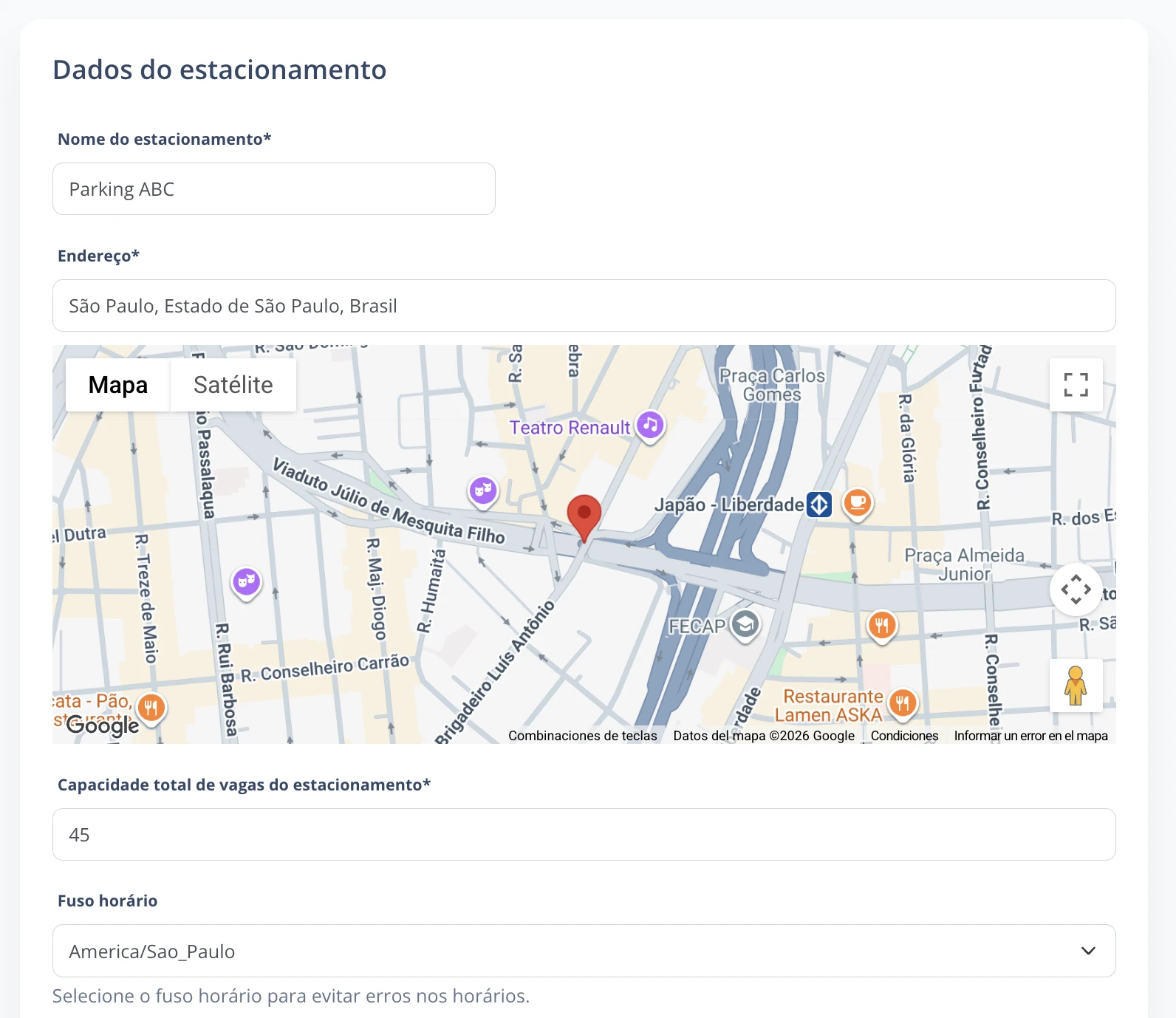 Adicionar novo estacionamento