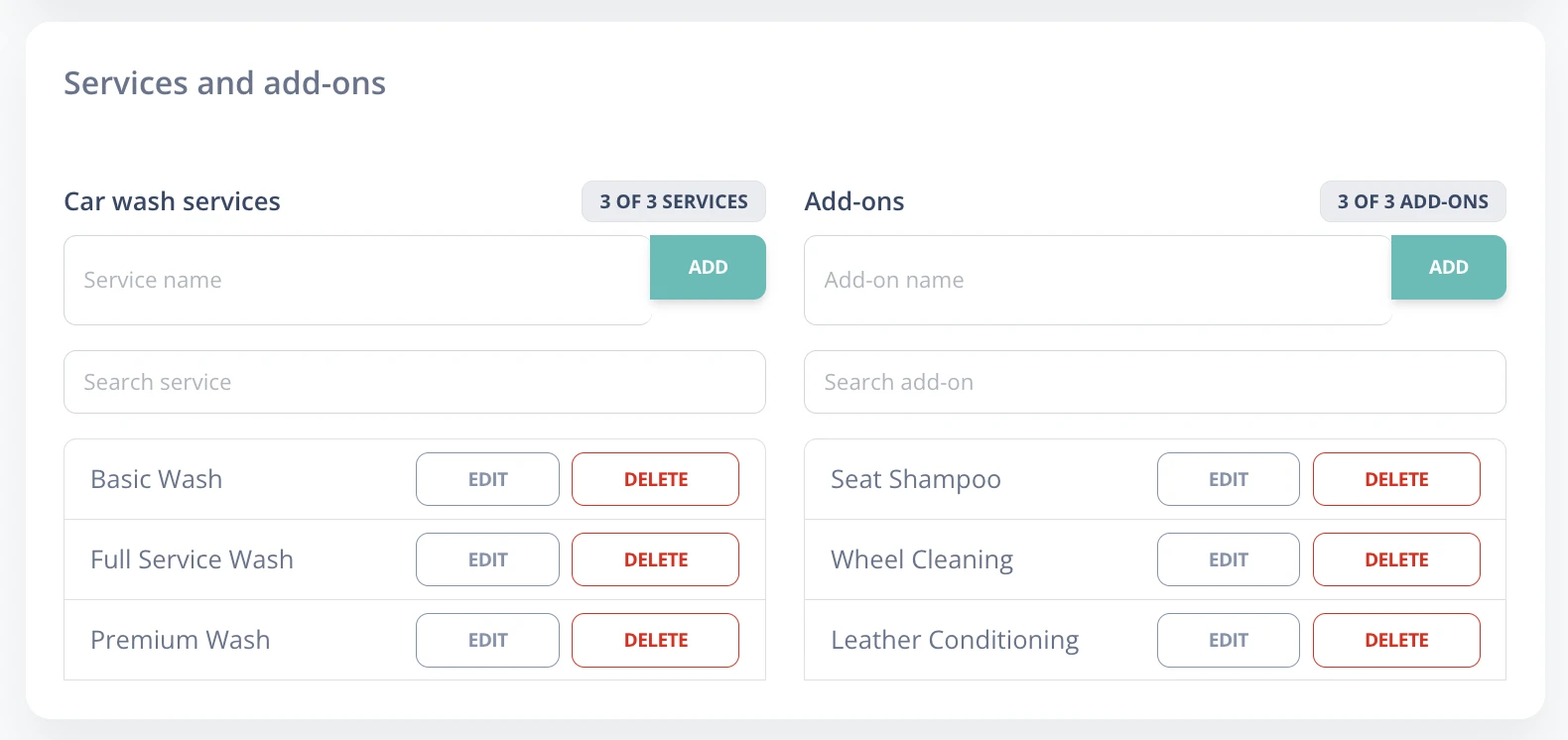 Car wash service list