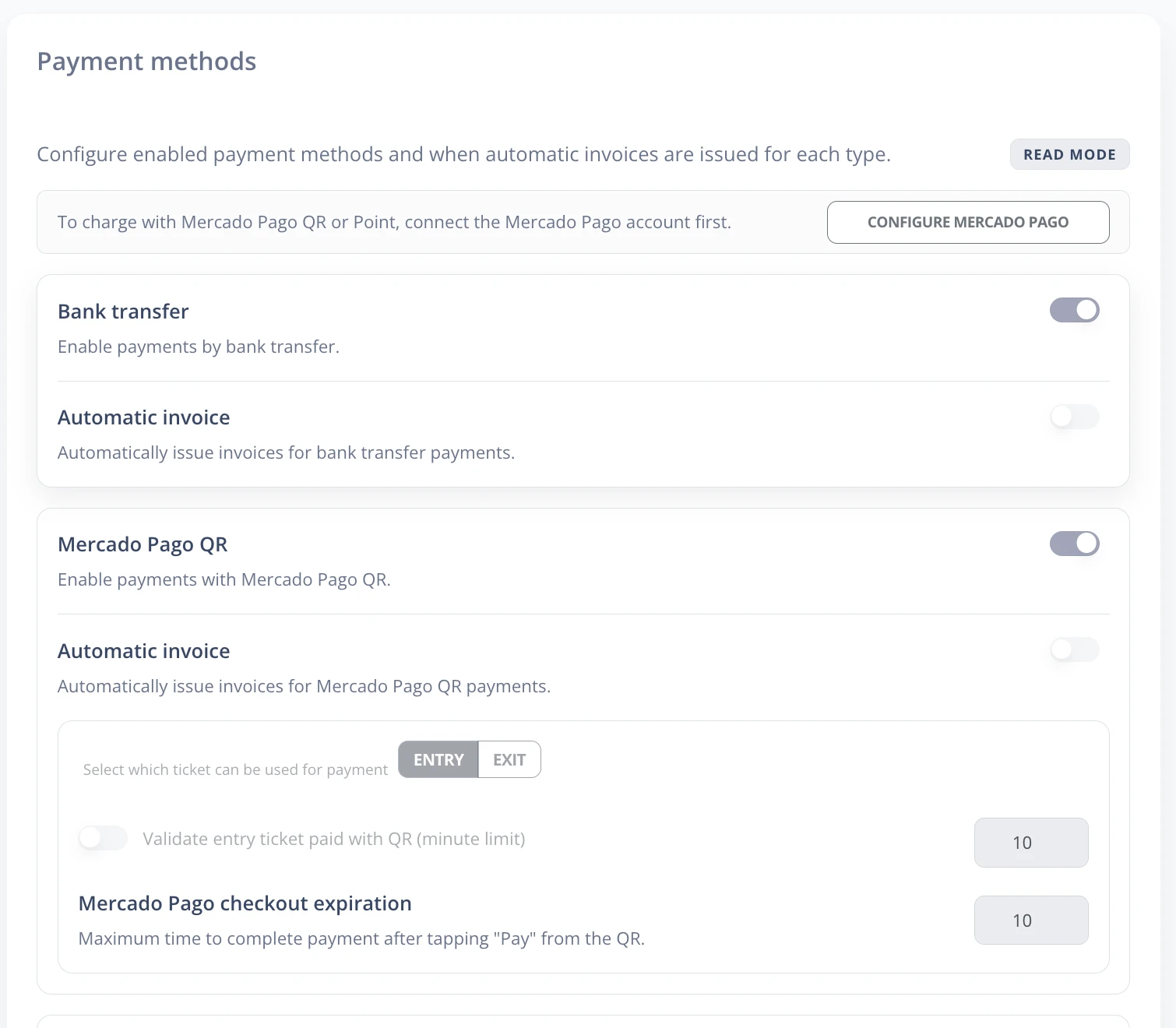 Payment method settings screen