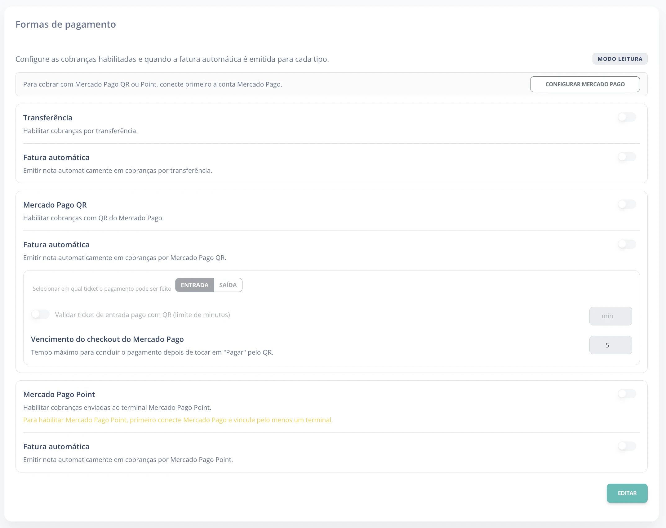 Tela de configuração de métodos de pagamento
