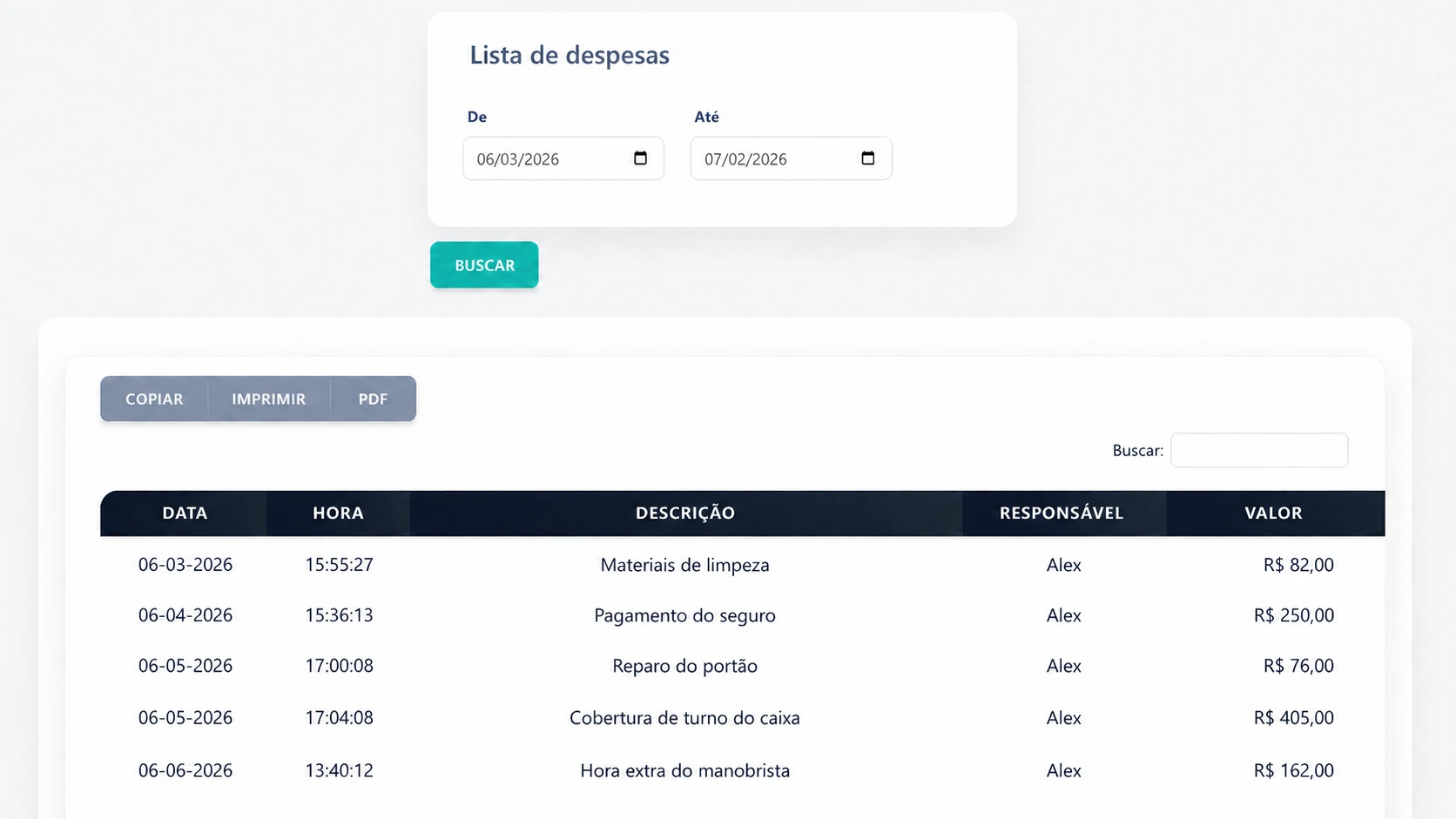 Lista de despesas