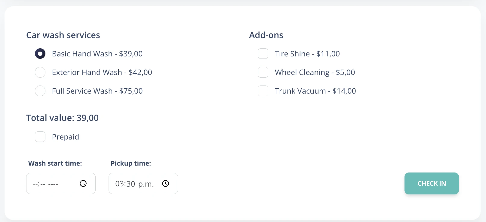 Car wash service selection screen