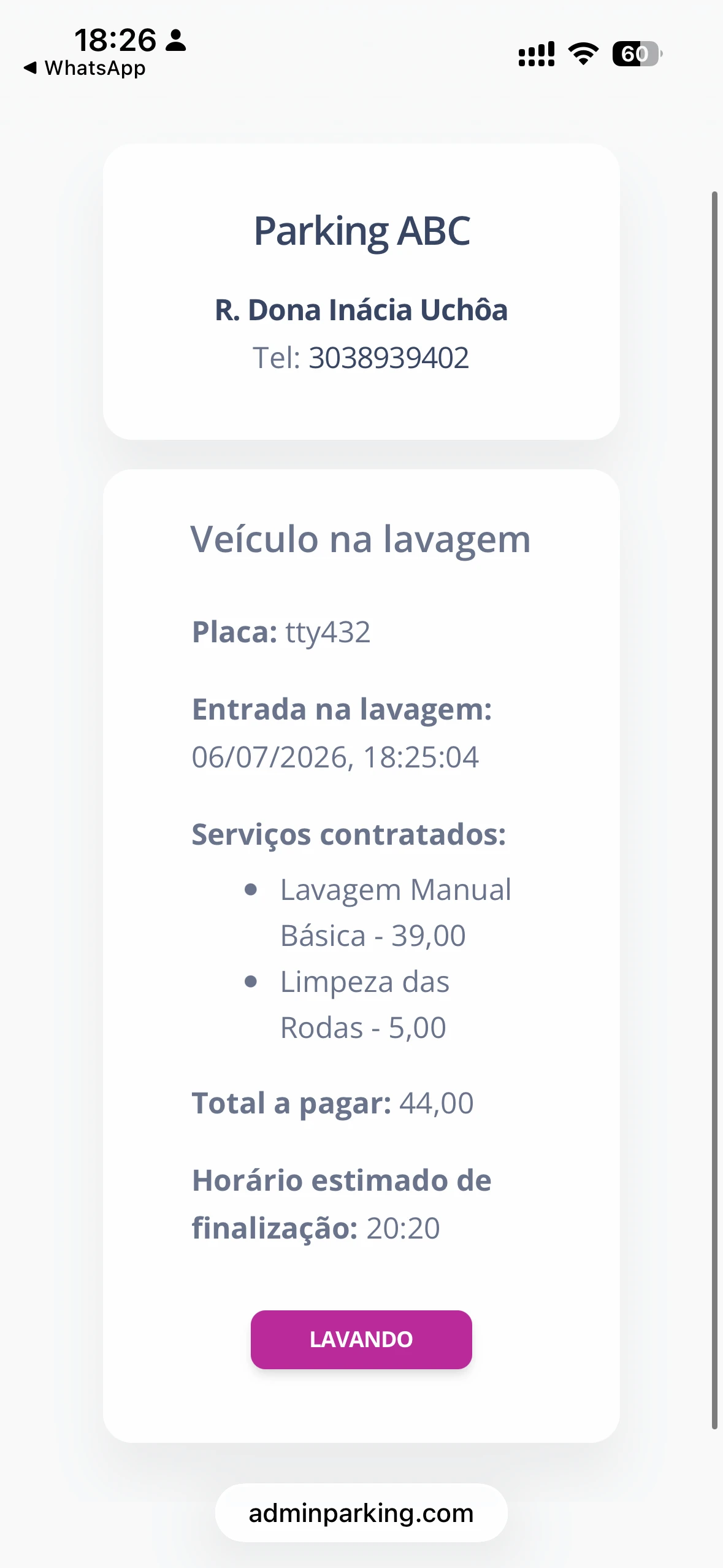 Tela QR cliente - lavando