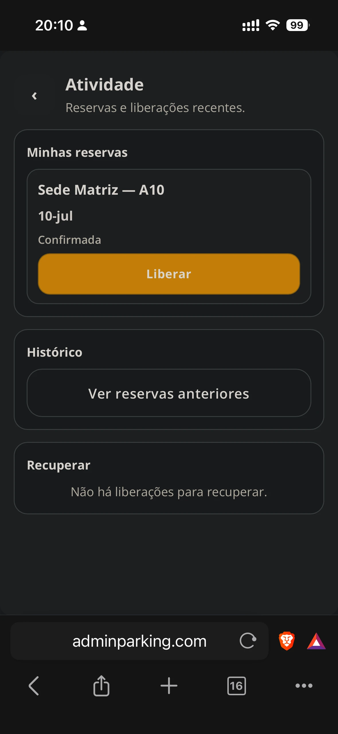 Minhas reservas no app Enterprise