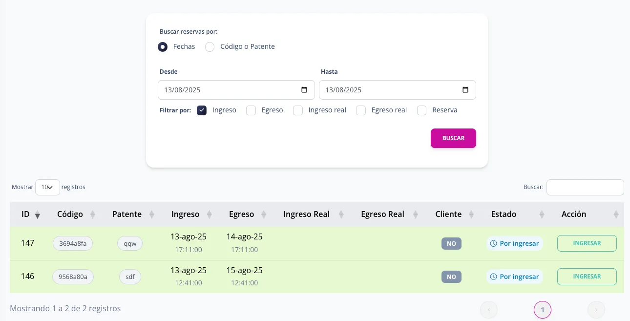 Gestión de reservas